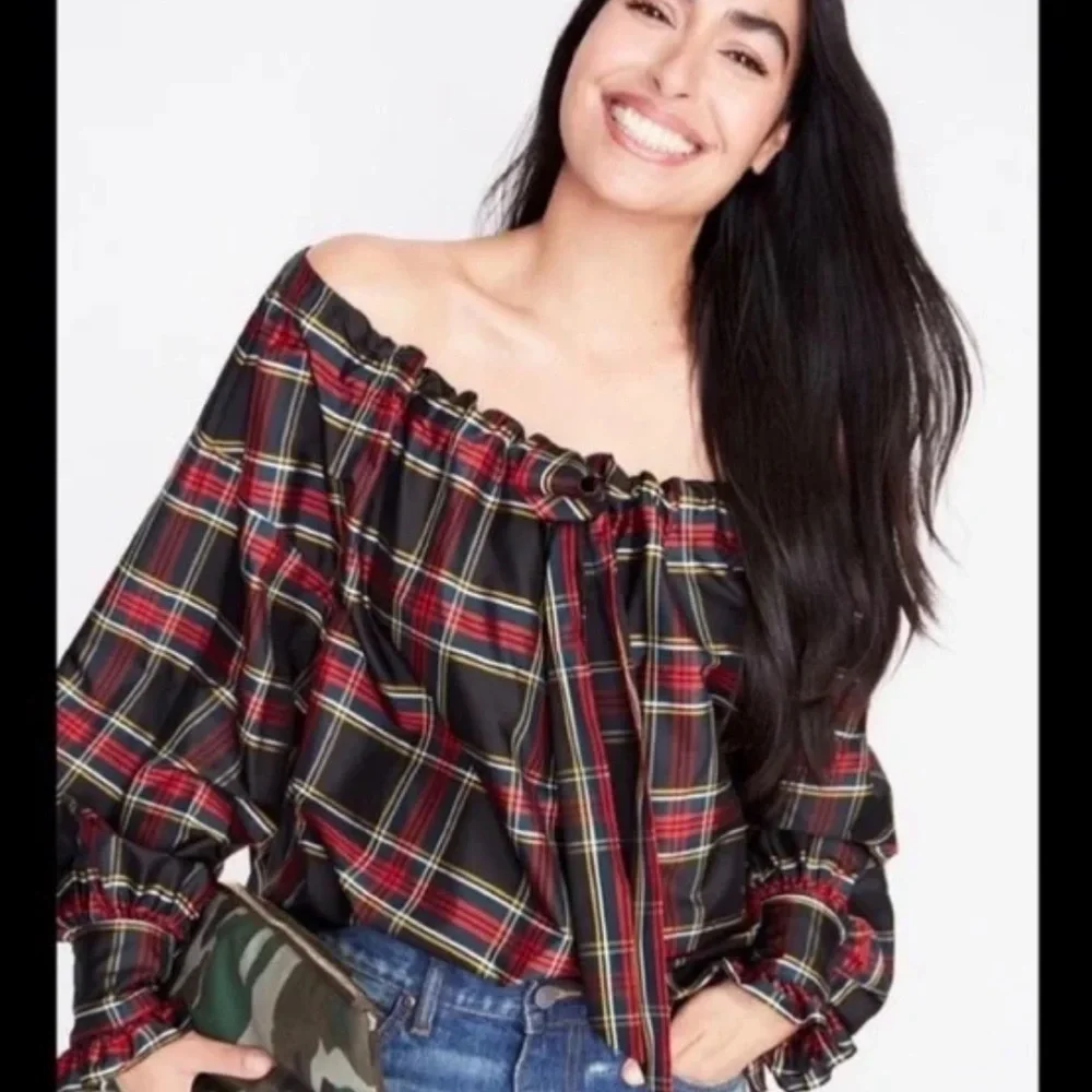 J. Crew Stewart Tartan Plaid Off-Shoulder Adjustable Tie Blouse